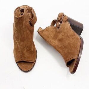 Frye Dani Shield Women’s Sz 7M Brown Suede Slingback Buckle Peep Toe Mules Heels